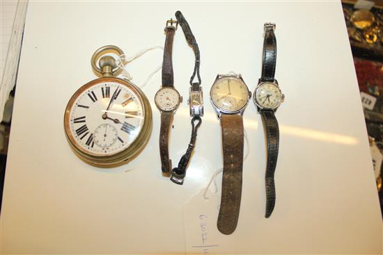 Plated Goliath pocket watch & 4 various wristwatches (a.f)